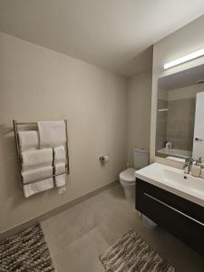 La salle de bains est pourvue d'un lavabo, de toilettes et d'un miroir. dans l'établissement 16 Tewa St, à Queenstown
