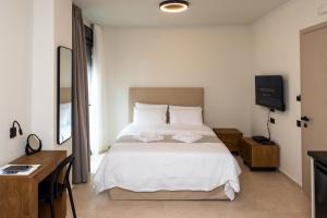 - une chambre avec un lit, un bureau et une télévision dans l'établissement Tokyo Studios, à Chios
