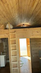 a wooden room with a bunk bed and a window at Glempings lāčuks 