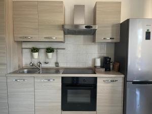 eine Küche mit einer Spüle und einem Kühlschrank in der Unterkunft Lovely Apartment in Parma
