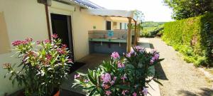 a house with a garden with flowers in the yard at Cabane Randonneurs in Camoël