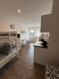 Habitación pequeña con cocina y litera en RK Apartment, en Brno