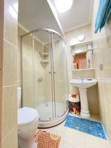a bathroom with a shower and a toilet and a sink at 2 комнатная квартира студио на Иссык куле in Chok-Tal