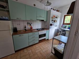 a kitchen with green cabinets and a table in it at Le Terrazze della Tuscia in Latera