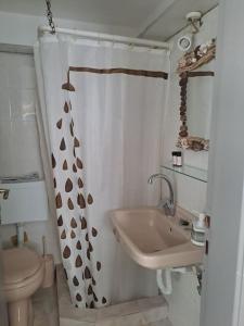 a bathroom with a sink and a toilet and a shower curtain at Flisvos Home Studio in Megalochori