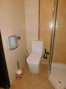 a small bathroom with a toilet and a shower at Wellness Hotel Bešeňová in Bešeňová