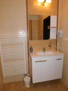 a bathroom with a sink and a mirror and a toilet at Wellness Hotel Bešeňová in Bešeňová