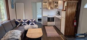 a living room with a couch and a kitchen at möja stuga i Stockholms skärgård in Stockholm