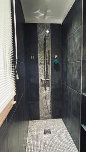 een douche in een badkamer met zwarte muren bij Maison 120m - Animaux acceptés in Sainte-Cécile-les-Vignes