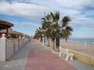 einen Bürgersteig am Strand mit Palmen in der Unterkunft Apartamento acogedor playa Miramar in Miramar