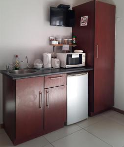 a kitchen with a sink and a microwave and a refrigerator at Allegro Guest House in Prieska