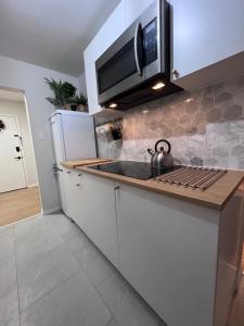 a kitchen with a sink and a microwave at Good Old Days Main Retro in Vancouver