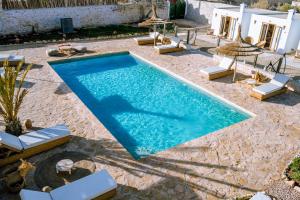 a swimming pool with chaise lounges and umbrellas at Villa Madame Babouche, chambre Tinhinan, SdB privative in Oulad el Madani +3 photos