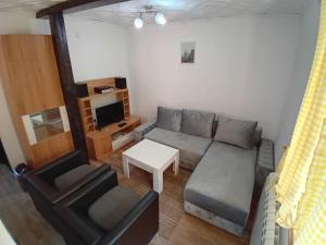 a living room with a couch and a table at Tara Medina koliba in Kaludjerske Bare
