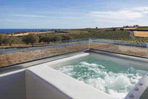 una vasca da bagno riempita d'acqua accanto a una spiaggia di Windmillside Luxury Villas a Emporio
