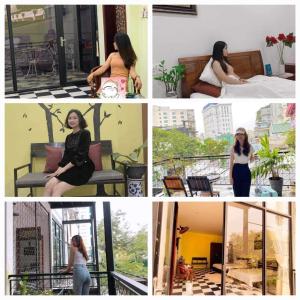 a collage of photos of a woman sitting on a bench at Cheriladyhomestayhue in Hue