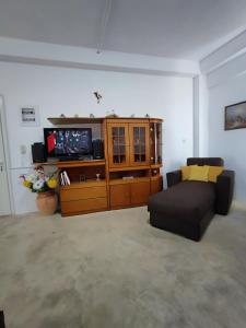 a living room with a couch and a tv at Summer studios 1 in Koroni