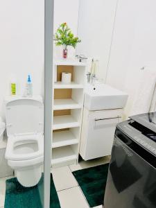 La salle de bains est pourvue de toilettes et d'un lavabo. dans l'établissement City junction studio apartment, à Windhoek