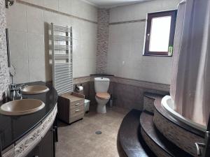 a bathroom with a sink and a toilet and a window at beautiful villa in Kefalos
