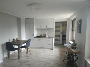 奥尔什丁Apartament Wierzbowa - Pod Orzechem的厨房兼餐厅，配有桌椅