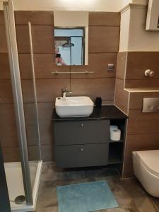 y baño con lavabo y espejo. en Ferienwohnung Mörchen, en Winterberg