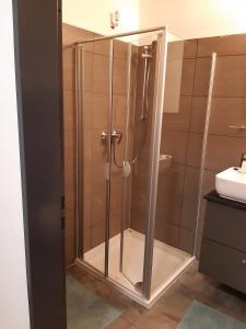 y baño con ducha y puerta de cristal. en Ferienwohnung Mörchen, en Winterberg