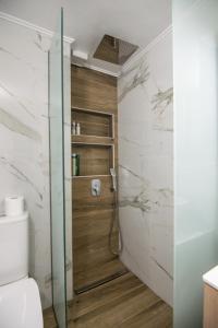 uma casa de banho com um chuveiro e uma porta de vidro em Μοντέρνο διαμέρισμα στο κέντρο em Orestiada