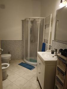 een badkamer met een douche, een toilet en een wastafel bij A CASA di LELE CAPALBIO in Capalbio