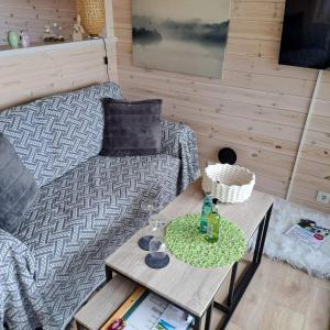 uma sala de estar com um sofá e uma mesa em Sauerland Tinyworld em Diemelsee