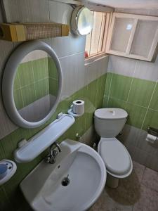 a bathroom with a sink and a toilet and a mirror at Hadhri Appartement in Tozeur