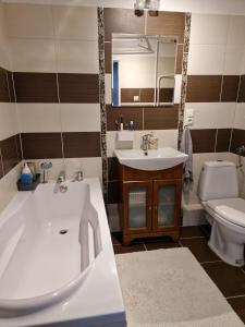 a bathroom with a tub and a sink and a toilet at Mieszkanie wakacyjne in Ruciane-Nida