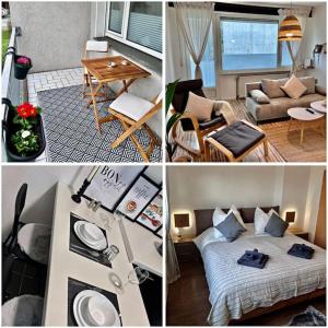 a collage of four pictures of a living room at Moderne ruhige Wohnung Bochum angebunden in Bochum