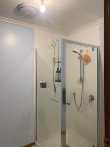 um chuveiro com uma porta de vidro na casa de banho em Riverdale Ensuite em Palmerston North