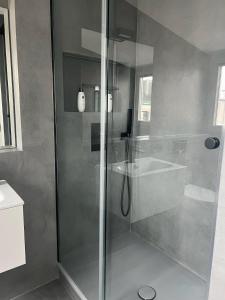 a shower with a glass door in a bathroom at Suite One Löwengrube in Munich