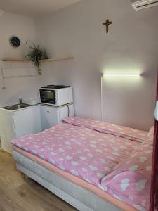 Kleines Zimmer mit einem Bett und einer Mikrowelle. in der Unterkunft Rebro apartman in Zagreb