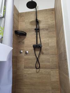 eine Dusche mit schwarzem Duschkopf auf einem Holzboden in der Unterkunft Rebro apartman in Zagreb