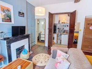 a living room with a couch and a fireplace at Les Glycines Oloron in Oloron-Sainte-Marie