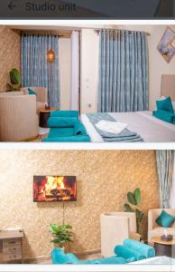 2 fotos de una habitación con cama y chimenea en snazzy guest house en Nakuru