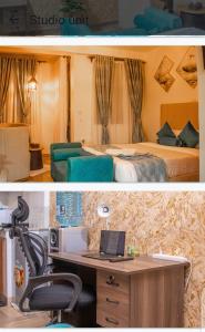a hotel room with a bed and a desk with a laptop at snazzy guest house in Nakuru