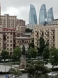 eine Stadt mit einer Statue vor den Gebäuden in der Unterkunft Квартира в престижном районе Баку in Baku