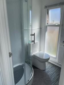 a bathroom with a toilet and a glass shower at The Garden Room - A cosy country stay in Cornwall in Callington
