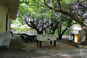 una mesa de ping pong y bancos en un patio con árboles en Villa Nastasi, en San Pier Niceto
