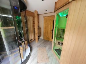 a small bathroom with a shower and a green door at A l'air de Storck - Gîte de montagne 4 étoiles 6-8 personnes in Storckensohn +20 photos