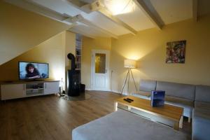 a living room with a couch and a tv at FEWO Seebrise in Flessenow