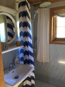 ein Bad mit einem Waschbecken und einer Dusche in der Unterkunft Haukeli Mountain Cabin in Vågsli