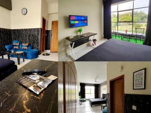 2 immagini di un soggiorno e di un soggiorno con TV di Danny Luxe Apartments a Islamabad