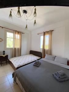 a bedroom with two beds and a chandelier at Pedi’s house in Aspropótamos