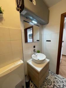 a bathroom with a sink and a mirror at Forest Apartment Zofia in Sella Nevea +12 photos