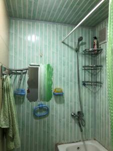 uma casa de banho com um chuveiro e um lavatório. em Korzinka em Fergana