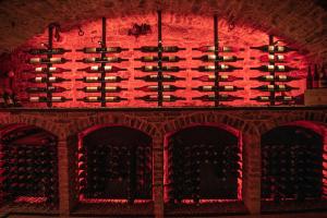 einen Weinkeller mit einer roten Wand und Weinflaschen in der Unterkunft Glamping Chateau de La Chapelle in Anthisnes